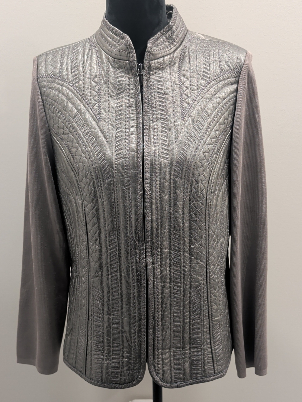 Peter Nygard Leather Platinum Quilted Front Jacket in Silver and Gray
